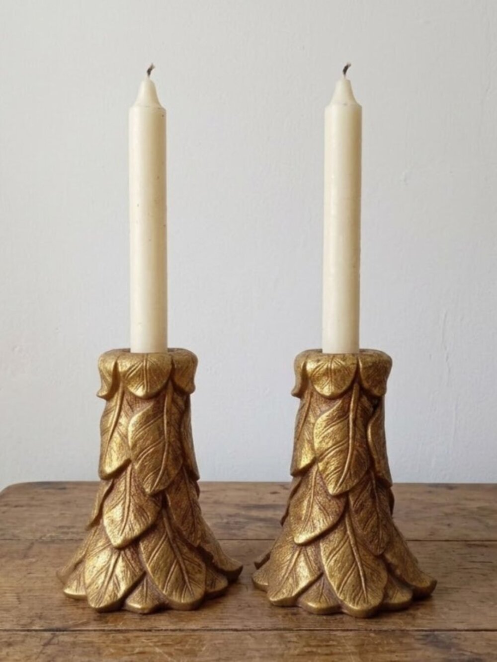Vintage Ceramic Gold Leaves Candle Holders Candlesticks Hollywood Regency PAIR